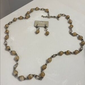 Chico's Long Strand Tan & Cream Beaded Necklace with Drop Earrings